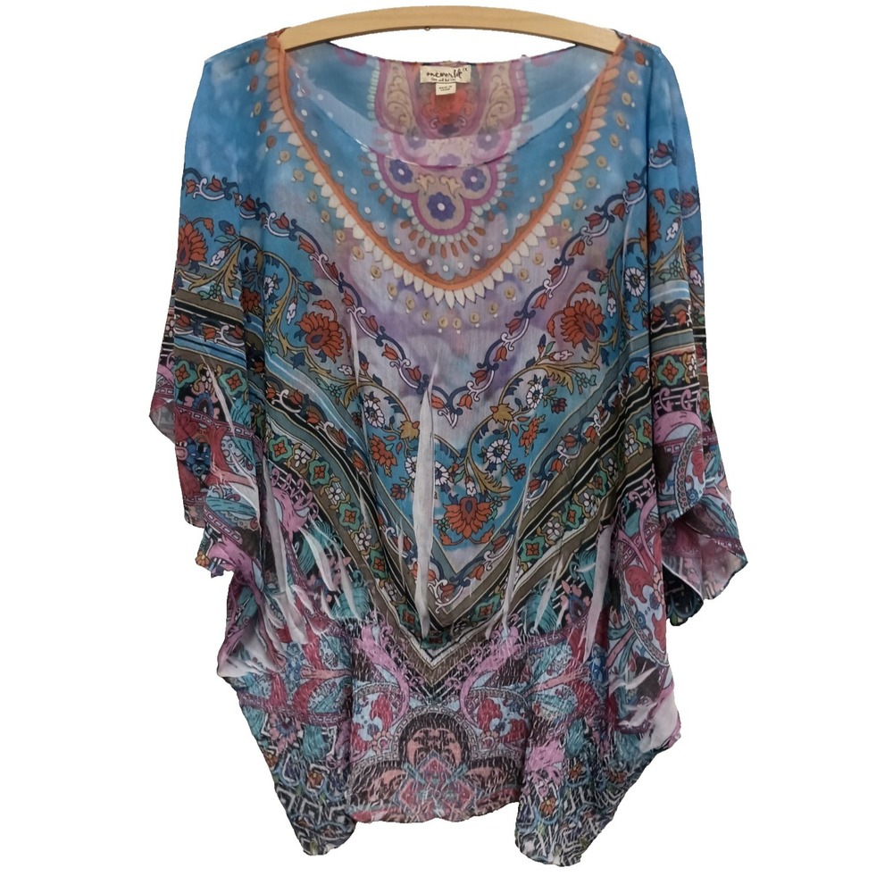 One World Live And Let Live Womens Top 1X Floral Chiffon BOHO Festival Blouse